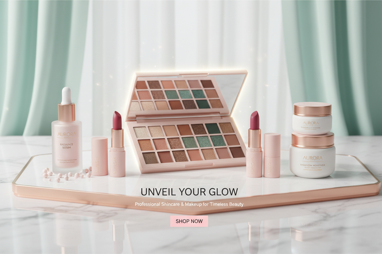 Tienda maquillaje, y skincare colores rosado y verde menta, dirigido a mujeres, quiero tener autoridad en la industria del maquillaje, que se vea muy profesional y que irradie con los productos que quiero llegar a las personas que visitan la pagina 